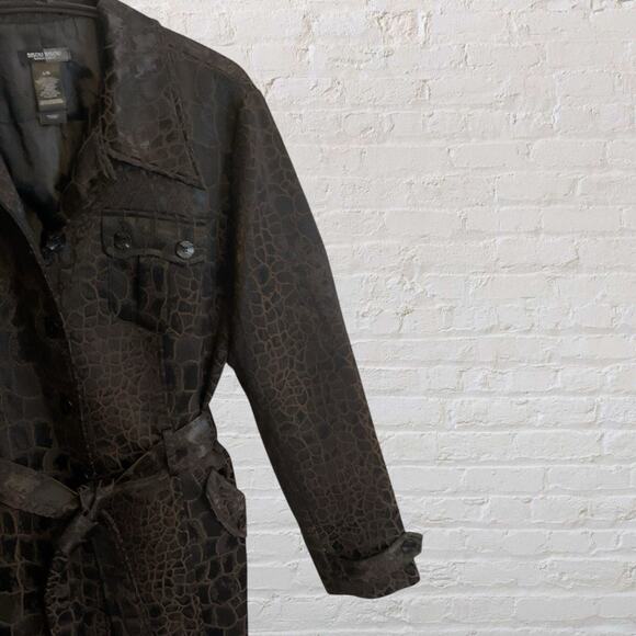 Bisou Bisou Croc Print Belted Jacket Brown/Black Faux Leather Look Trench Size L - Picture 10 of 13